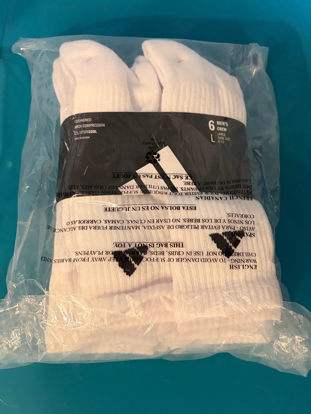 New in Package ADIDAS Men's White Crew Socks - 6 Pack Large